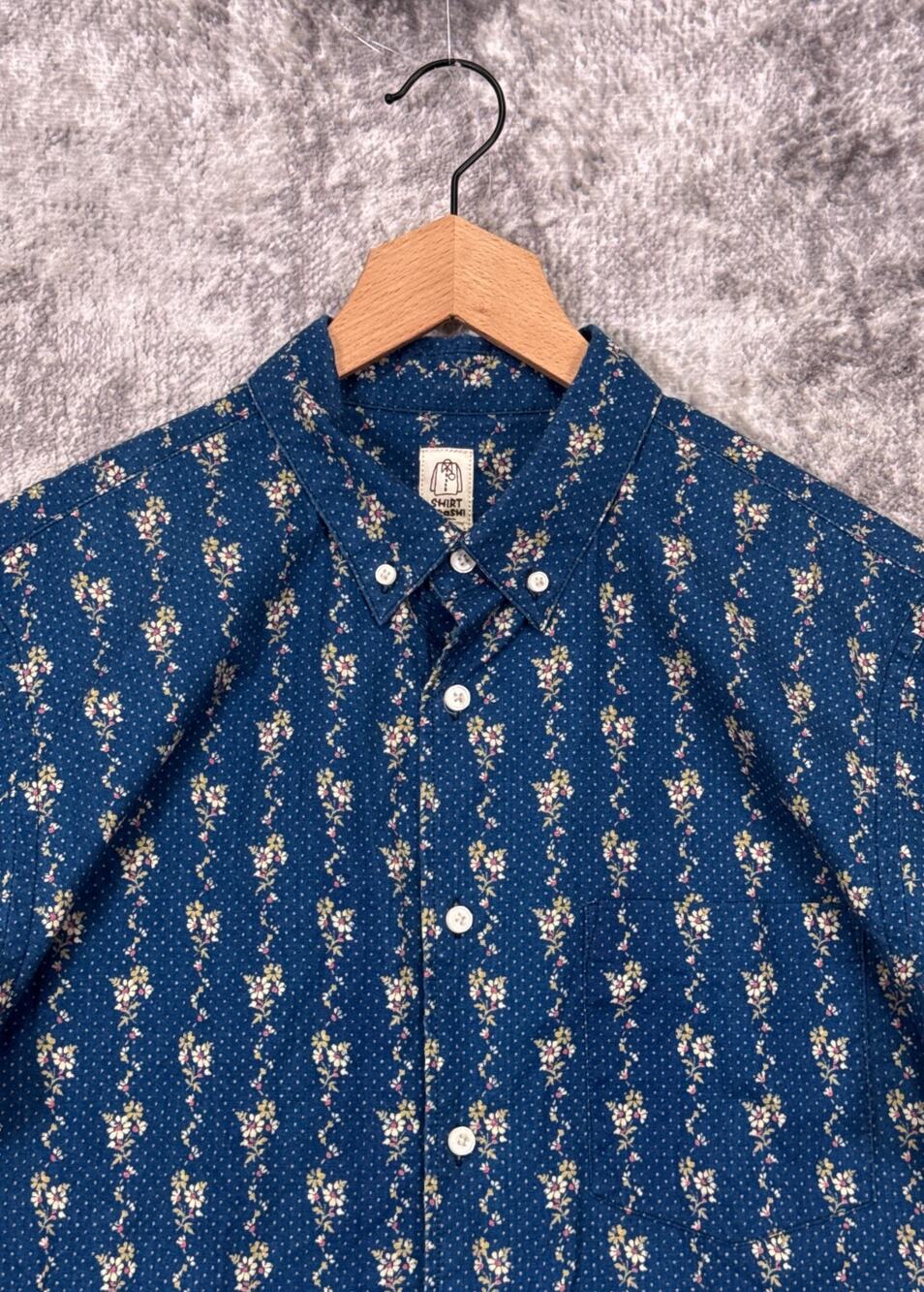 Hiroshi Kato Shirt Large Mens Indigo Blue Cotton Linen Woven Floral Short Sleeve